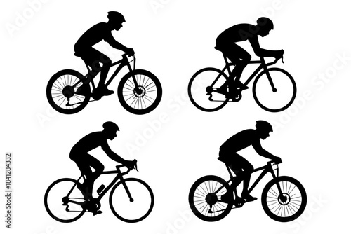 Silhouettes of cyclists in action: four dynamic bicycle riders.