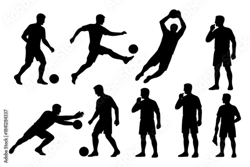 Silhouettes of male soccer players in action poses.