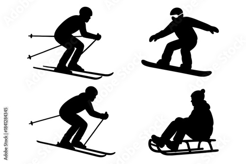 Silhouettes of diverse winter sports enthusiasts skiing and snowboarding.