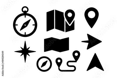 Navigation icons set: compass, map, arrow, pin, path symbols in black silhouette.
