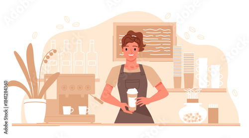 Isolated young barista girl holding coffee cup behind counter in modern cafe vector illustration