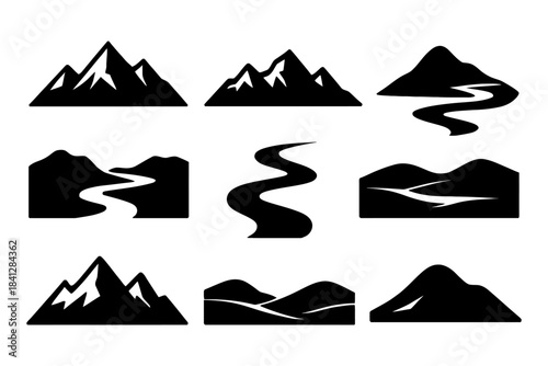 Set of black mountain and river silhouettes for outdoor adventure design.