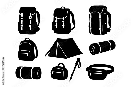 Camping gear icons: backpacks, tent, sleeping bags, hiking stick, waist bag.