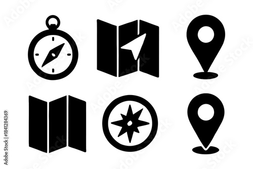 Black and white navigation icons: compass, map, location marker symbols.