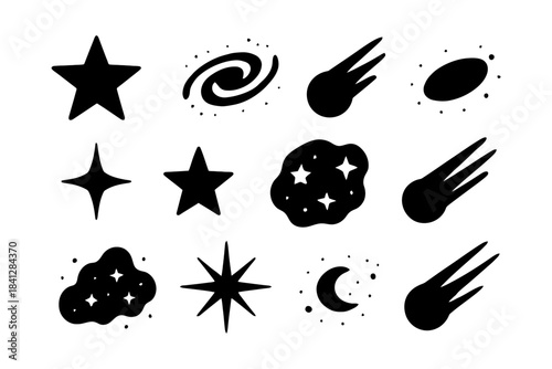 Collection of celestial silhouettes: stars, comets, moon, galaxy shapes.