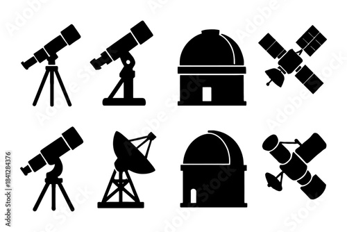 Silhouette icons of telescopes, antennas, and observatories.