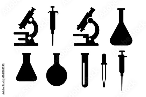 Laboratory tools silhouettes: microscope, flasks, pipettes, test tubes.