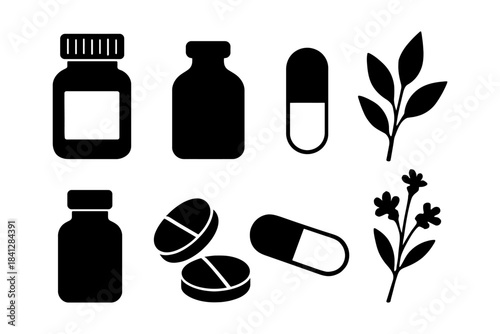 Silhouette icons of medicine bottles, pills, and herbal plants.