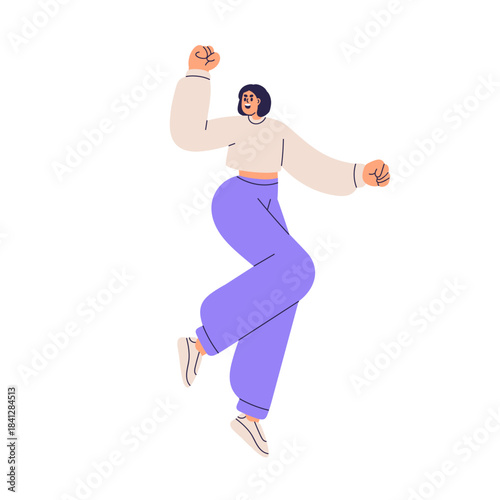 Happy woman jumping. Joyful excited young female smiling with fist up, celebr...