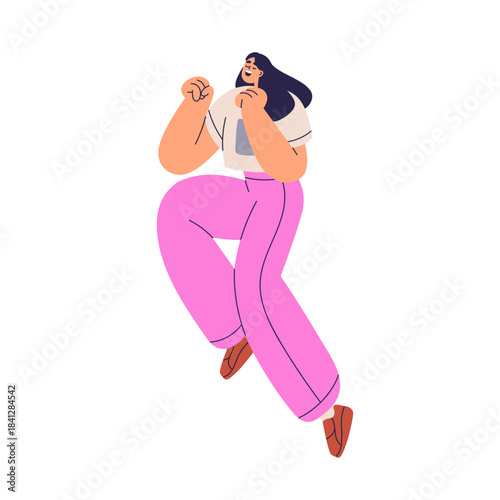 Happy excited female jumping up with joy emotion. Joyful cheerful woman smili...