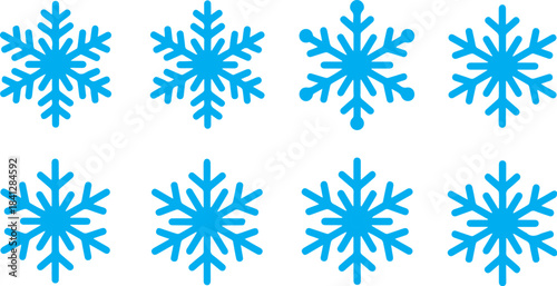 Set of five unique light blue snowflake icons with geometric crystal patterns, flat design line art vector illustration on a white background