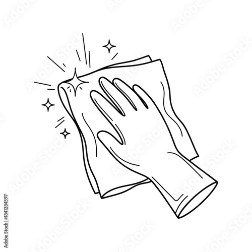 Hand wiping a surface with a cloth sparkling clean illustration