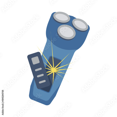 Damaged electric shaver with broken parts and sparks on isolated white background vector illustration