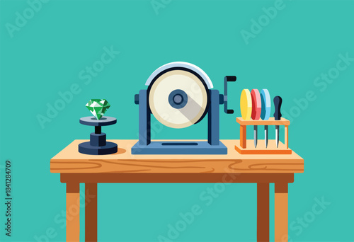 A green diamond sits on a stand next to a grinding wheel and tools