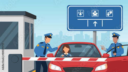 Police officers checking a red car at a border crossing checkpoint with a driver and a large blue sign.