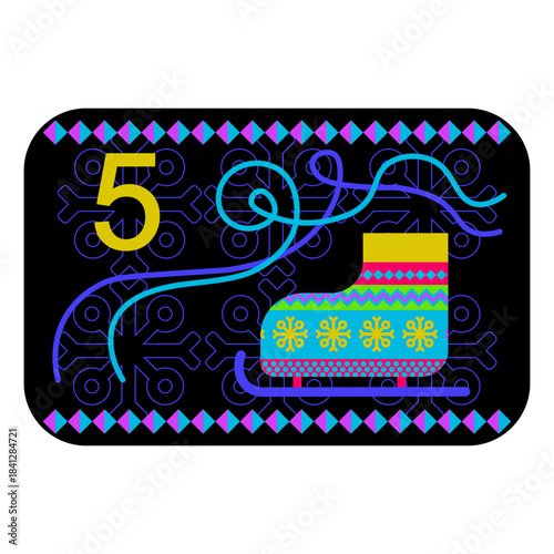 Neon colors Norwegian advent calendar illustration in flat vector style with celebrate symbol and ethnic ornament. Sledge