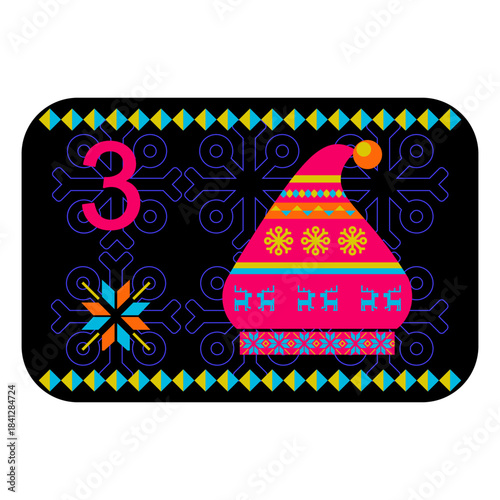 Neon colors Norwegian advent calendar illustration in flat vector style with celebrate symbol and ethnic ornament. Hat