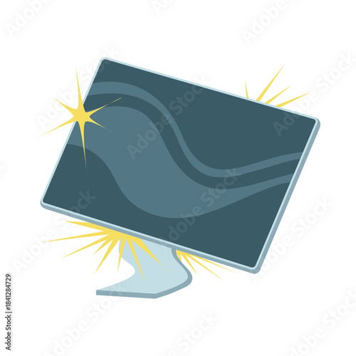Damaged computer monitor with visible cracks and sparks, representing broken electronic equipment, isolated on white background vector illustration