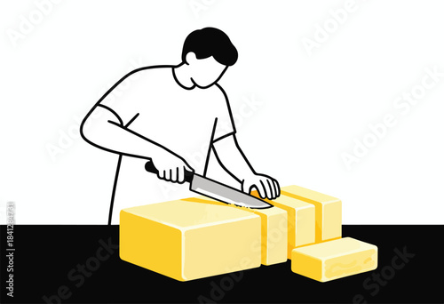 Minimalist person slicing yellow butter blocks with a knife