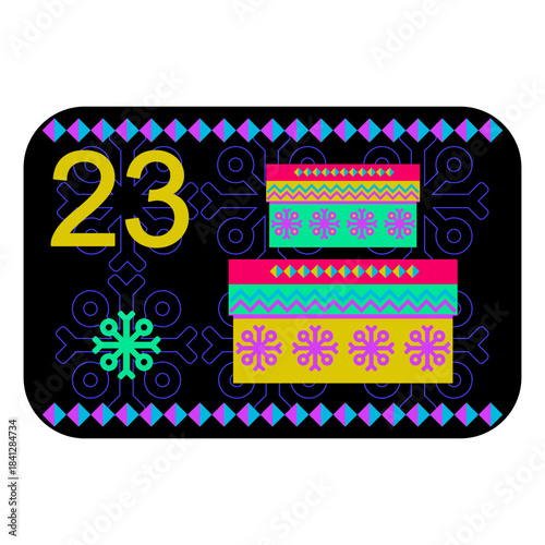 Neon colors Norwegian advent calendar illustration in flat vector style with celebrate symbol and ethnic ornament. Gifts