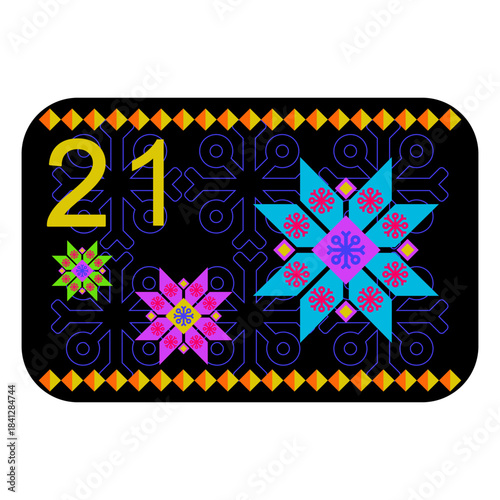 Neon colors Norwegian advent calendar illustration in flat vector style with celebrate symbol and ethnic ornament. Snowflakes