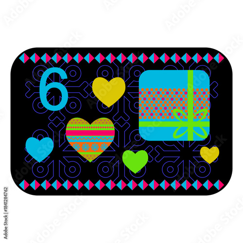 Neon colors Norwegian advent calendar illustration in flat vector style with celebrate symbol and ethnic ornament. Gift