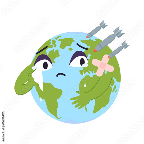Crying cartoon planet Earth with missiles and bandage, symbolizing war and environmental harm, isolated vector illustration