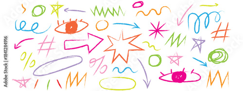 Colorful hand drawn doodle elements including arrows, stars, eyes and abstract shapes. childish line doodle shapes symbol. vector illustration.