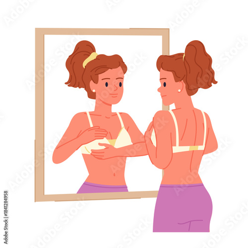 Young woman performing breast self-exam in front of mirror, promoting health awareness and early detection of breast cancer, isolated on white background vector illustration