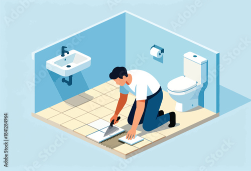 Person kneeling on bathroom floor, tiling it with a trowel
