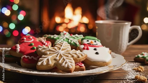 Festive Christmas Cookie Assortment with Warm Beverage and Holiday Decor