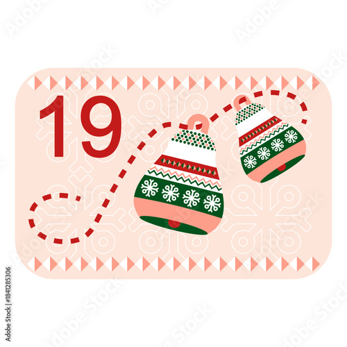 Red, green and pink Norwegian advent calendar illustration in flat vector style with celebrate symbol and ethnic ornament. Bells