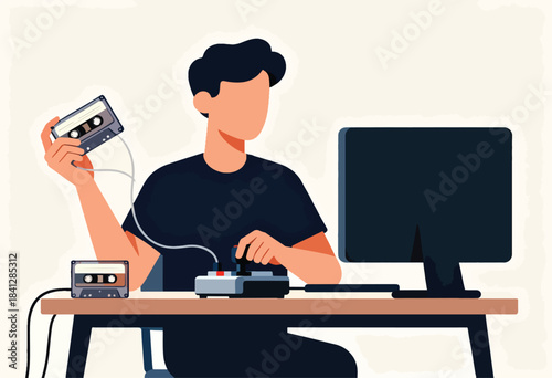 Person holding a cassette tape, working with retro audio equipment and a computer