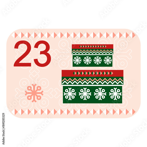 Red, green and pink Norwegian advent calendar illustration in flat vector style with celebrate symbol and ethnic ornament. Gifts