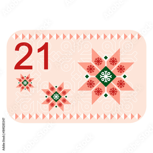 Red, green and pink Norwegian advent calendar illustration in flat vector style with celebrate symbol and ethnic ornament. Snowflakes