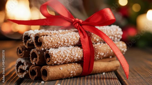 Festive Cinnamon Stick Gift with Sugar Dusting and Red Ribbon Bow for Holiday Decor