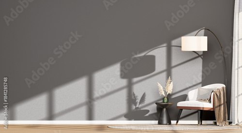 Stylish Interior with Empty Wall, Armchair, Round Rug, Pampas Grass, and Arc Lamp | Transparent Background Mockup