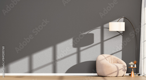 Relaxed Interior with Empty Grey Wall, Large Beige Beanbag Chair, and Arc Lamp | Transparent Background for Wall Mockup