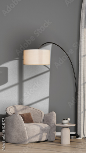 Vertical Mockup: Modern Rounded Grey Armchair with Pillow against Empty Wall | Transparent Background for Portrait Poster