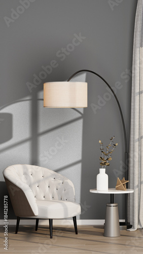 Vertical Mockup: Glam White Tufted Armchair and Marble Side Table against Empty Grey Wall | Transparent Background