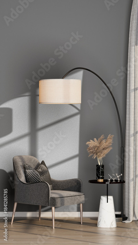 Vertical Mockup: Elegant Grey Accent Chair and Marble Side Table with Pampas Grass against Empty Wall