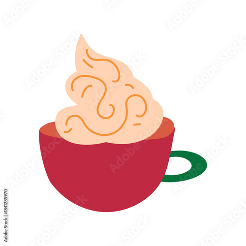 Hand drawn ceramic mug with hot latte coffee decorated with cap of whipped cream, element of winter festival decoration. Simple scribble shape freehand vector icon isolated on white background