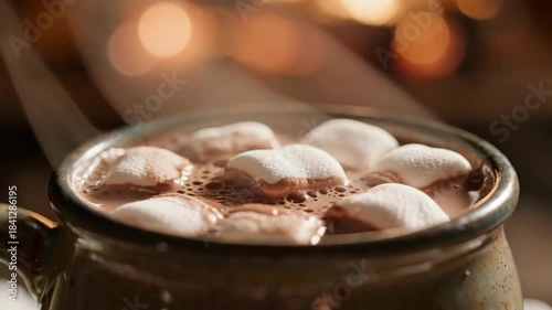 Close-up of a steaming hot chocolate beverage topped with marshmallows in a rustic mug with warm
