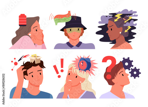 People with symbols of different emotions above heads set. Cartoon isolated portraits of male and female characters with negative toxic thoughts in brain, anxiety and low battery
