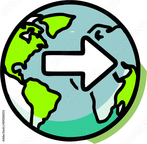 Illustration of Earth with a white arrow pointing right, symbolizing global movement or direction