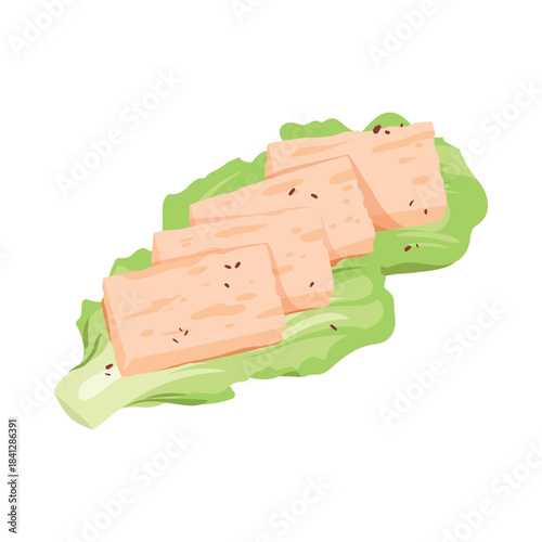 Fresh tofu slices arranged on a green lettuce leaf, perfect for vegan and vegetarian food concepts, healthy eating, and plant-based diet themes, isolated on white background vector illustration