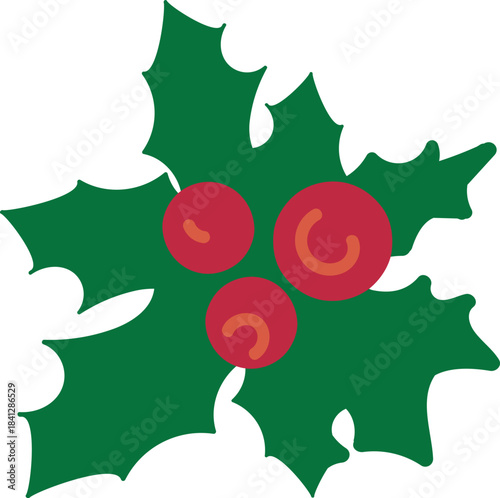 Warm colored hand-drawn cozy Christmas, winter, and New Year holiday symbol. Red and green holly