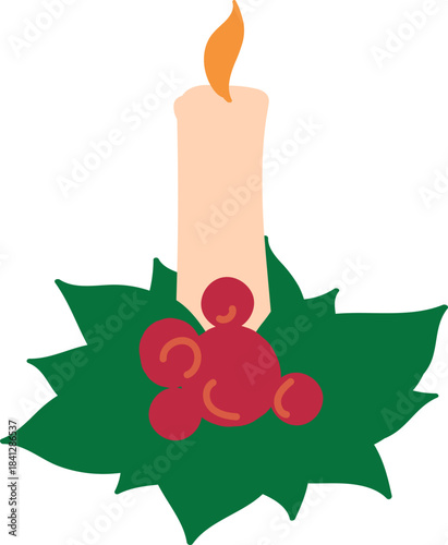 Warm colored hand-drawn cozy Christmas, winter, and New Year holiday symbol. Candle with holly