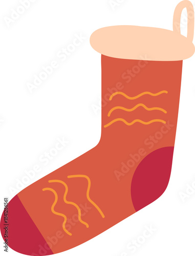 Warm colored hand-drawn cozy Christmas, winter, and New Year holiday symbol. Red sock with line ornament