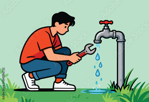 Person fixing outdoor faucet with wrench, water dripping
